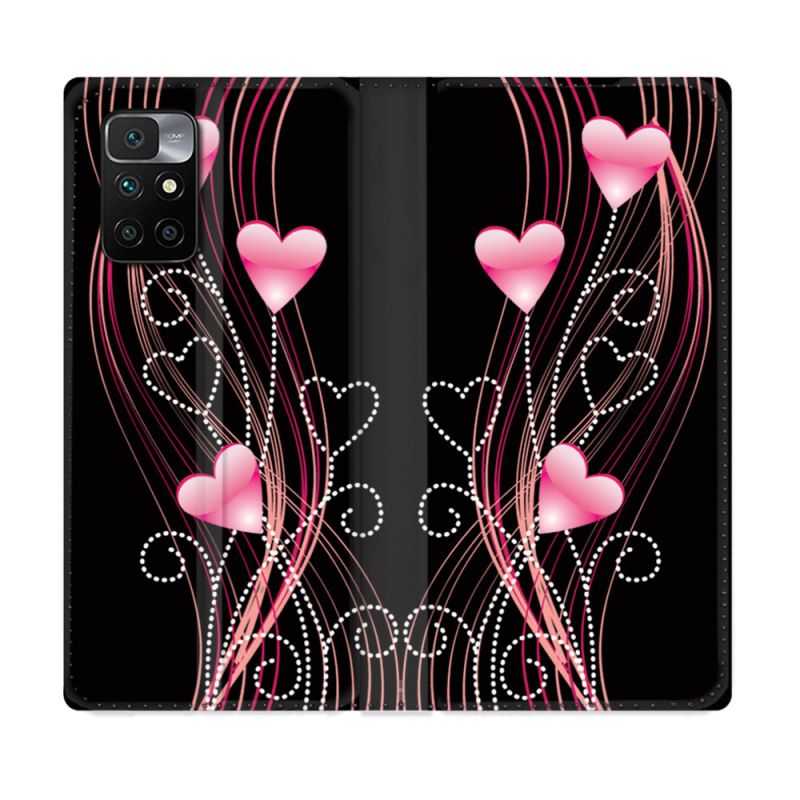 Housse Cuir Portefeuille Pour Xiaomi Redmi 10 Amour Coeur Rose Montant sur Noir