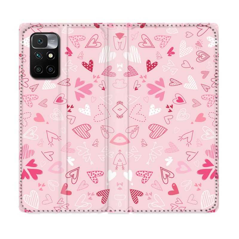 Housse Cuir Portefeuille Pour Xiaomi Redmi 10 Amour Ptis Coeurs
