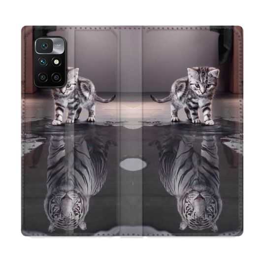 Housse Cuir Portefeuille Pour Xiaomi Redmi 10 Animal Chat Reflet
