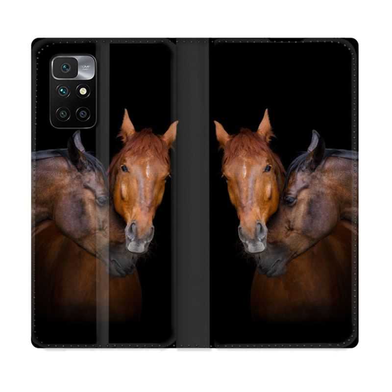 Housse Cuir Portefeuille Pour Xiaomi Redmi 10 Animal Cheval Marron