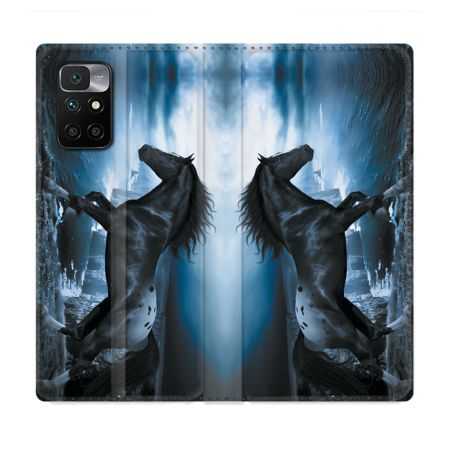 Housse Cuir Portefeuille Pour Xiaomi Redmi 10 Animal Cheval Noir