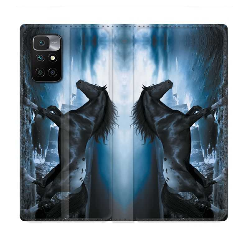 Housse Cuir Portefeuille Pour Xiaomi Redmi 10 Animal Cheval Noir