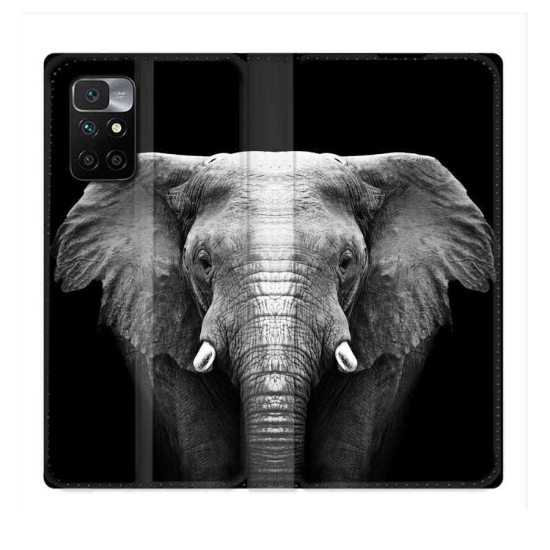 Housse Cuir Portefeuille Pour Xiaomi Redmi 10 Animal Elephant Noir