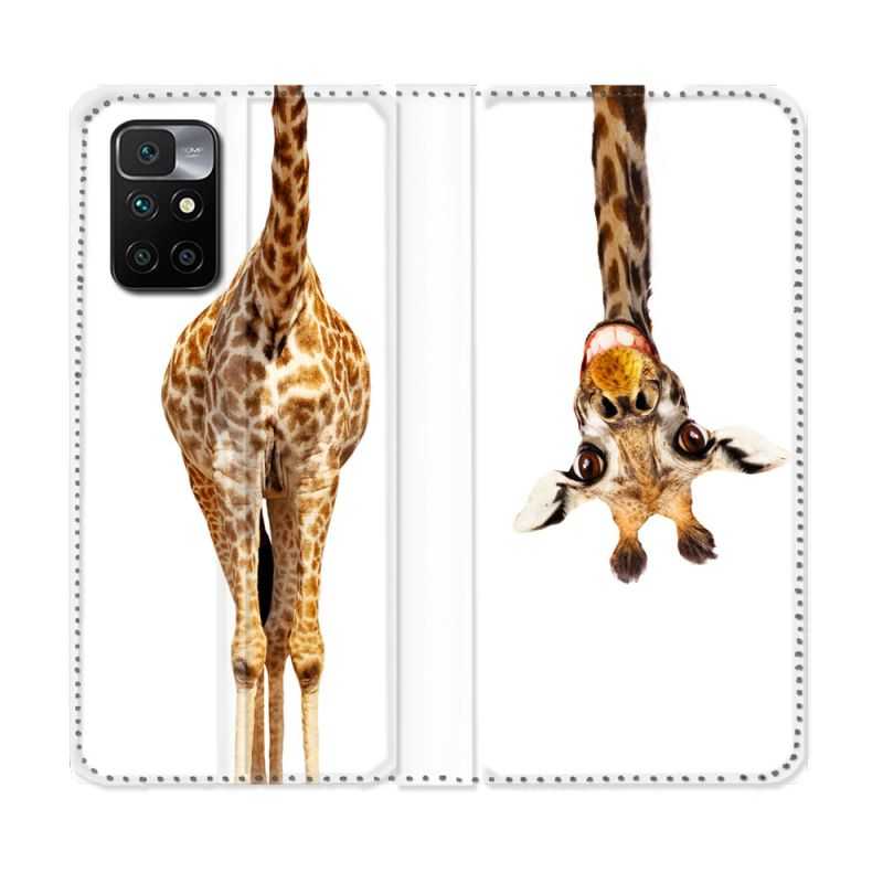 Housse Cuir Portefeuille Pour Xiaomi Redmi 10 Animal Girafe Blanche