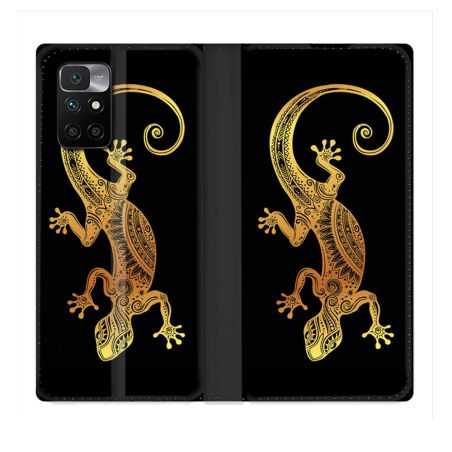 Housse Cuir Portefeuille Pour Xiaomi Redmi 10 Animal Lezard Noir