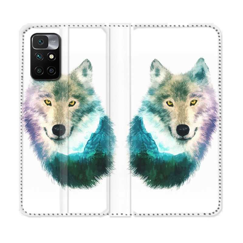 Housse Cuir Portefeuille Pour Xiaomi Redmi 10 Animal Loup Montagne