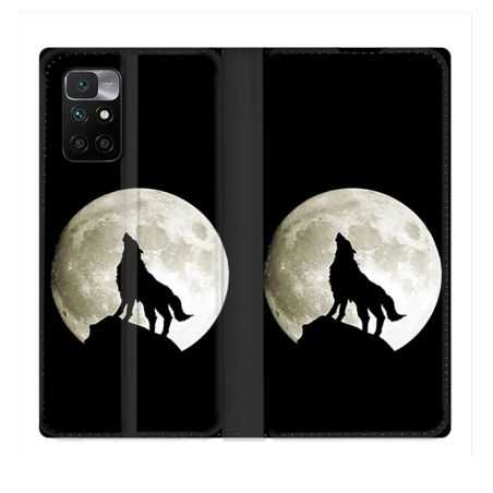 Housse Cuir Portefeuille Pour Xiaomi Redmi 10 Animal Loup Noir