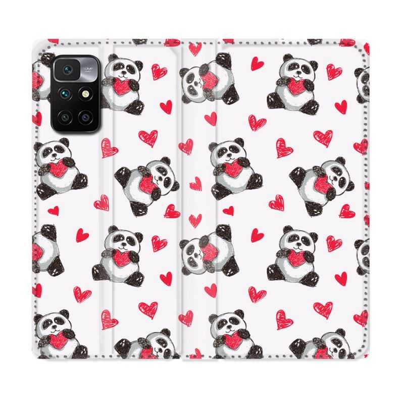Housse Cuir Portefeuille Pour Xiaomi Redmi 10 Animal Panda Cœur