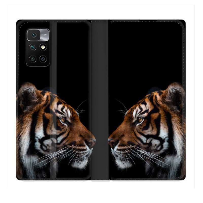 Housse Cuir Portefeuille Pour Xiaomi Redmi 10 Animal Tigre Noir