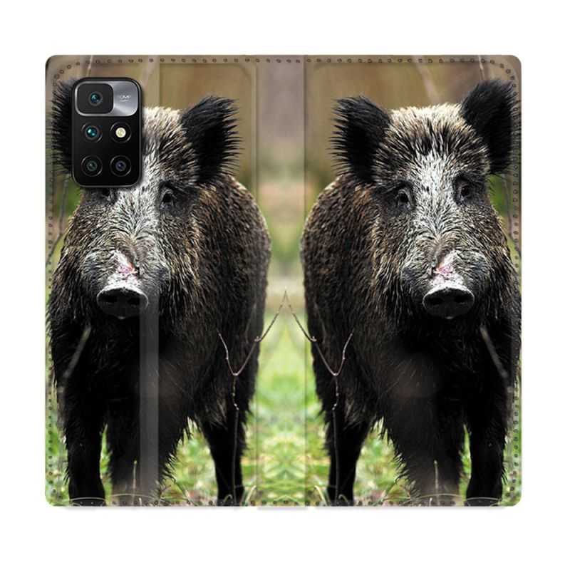 Housse Cuir Portefeuille Pour Xiaomi Redmi 10 Chasse Sanglier bois