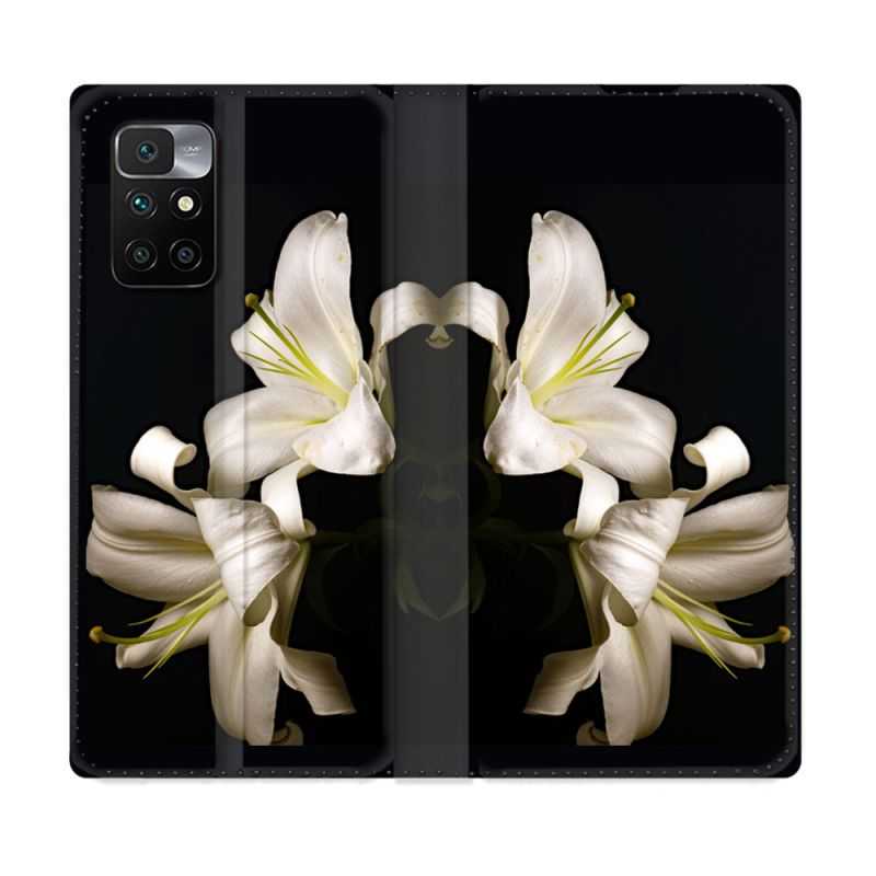 Housse Cuir Portefeuille Pour Xiaomi Redmi 10 Fleur Lys Noir