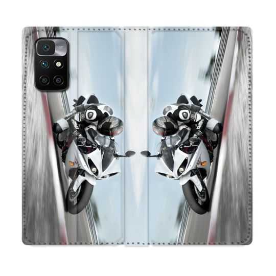 Housse Cuir Portefeuille Pour Xiaomi Redmi 10 Moto Course GP Blanche