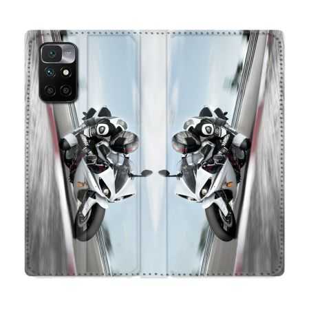 Housse Cuir Portefeuille Pour Xiaomi Redmi 10 Moto Course GP Blanche