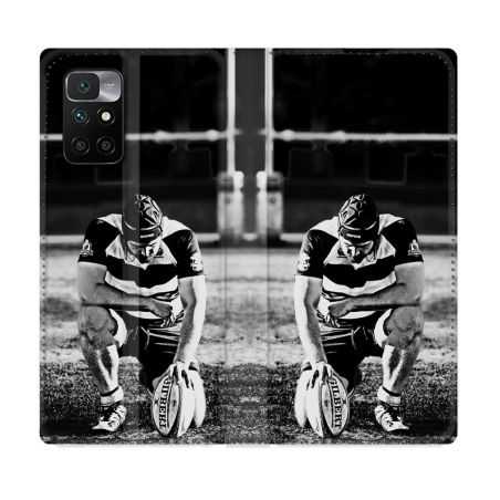 Housse Cuir Portefeuille Pour Xiaomi Redmi 10 Sport Rugby Noir Blanc