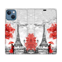 Housse Cuir Portefeuille Pour Iphone 14 (6.1) Voyage France Paris Rouge