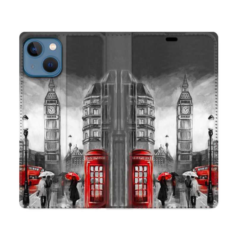 Housse Cuir Portefeuille Pour Iphone 14 (6.1) Voyage Angleterre Londres Vintage