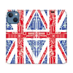 Housse Cuir Portefeuille Pour Iphone 14 (6.1) Voyage Angleterre Blanc