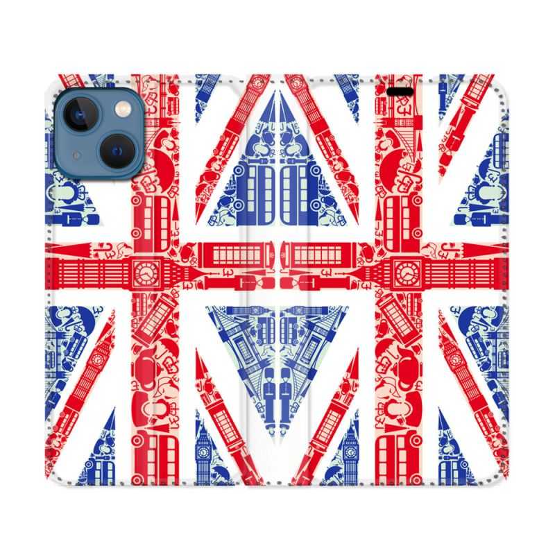 Housse Cuir Portefeuille Pour Iphone 14 (6.1) Voyage Angleterre Blanc