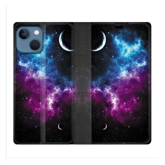 Housse Cuir Portefeuille Pour Iphone 14 (6.1) Univers Bleu Violet