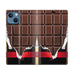 Housse Cuir Portefeuille Pour Iphone 14 (6.1) Texture Trompe Oeil Chocolat