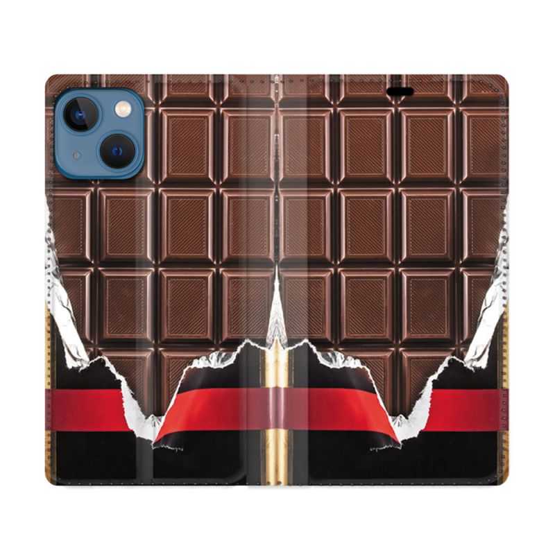 Housse Cuir Portefeuille Pour Iphone 14 (6.1) Texture Trompe Oeil Chocolat