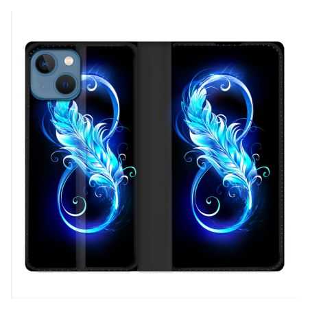 Housse Cuir Portefeuille Pour Iphone 14 (6.1) Texture Plume Infini Bleu