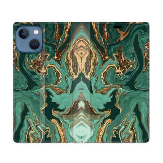 Housse Cuir Portefeuille Pour Iphone 14 (6.1) Texture Marbre Vert