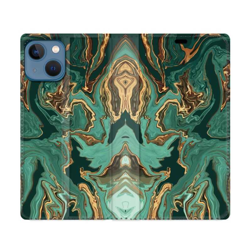 Housse Cuir Portefeuille Pour Iphone 14 (6.1) Texture Marbre Vert