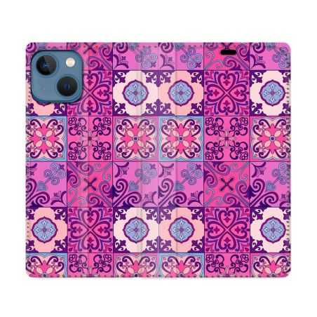 Housse Cuir Portefeuille Pour Iphone 14 (6.1) Texture Carreau Ciment Violet