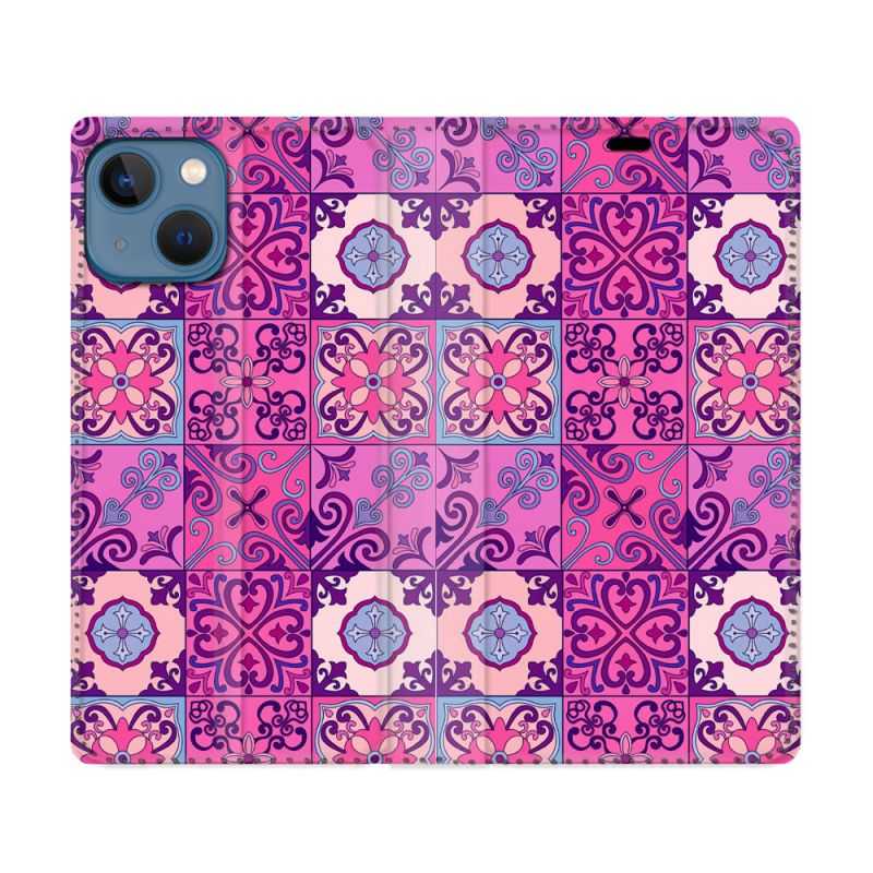 Housse Cuir Portefeuille Pour Iphone 14 (6.1) Texture Carreau Ciment Violet