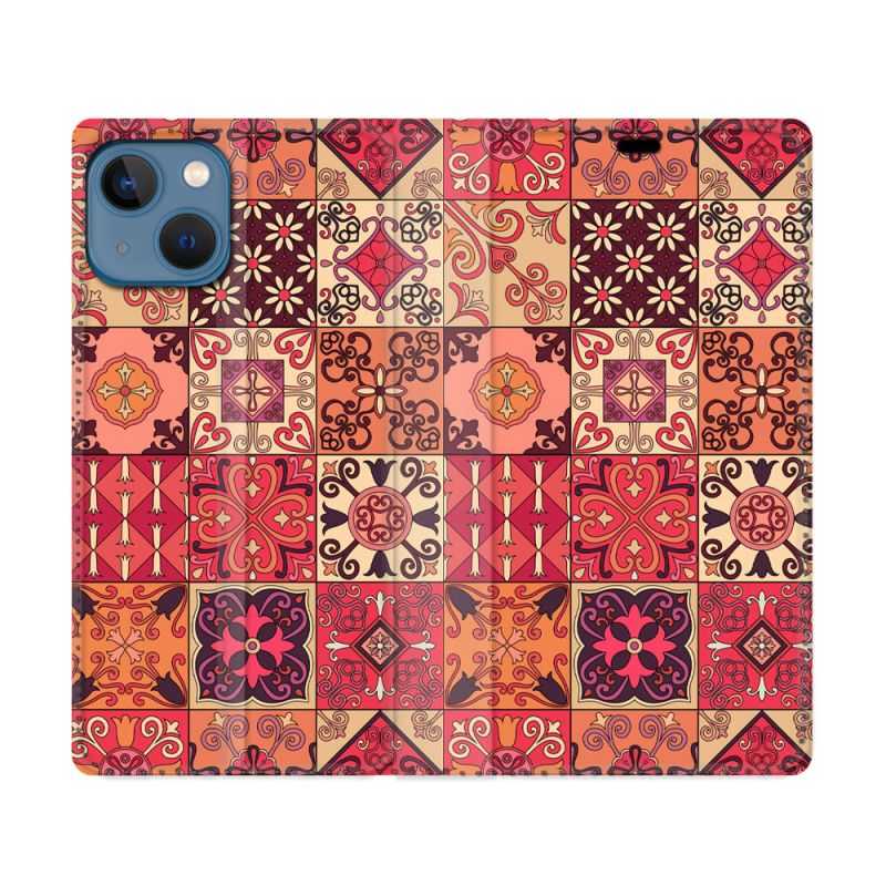Housse Cuir Portefeuille Pour Iphone 14 (6.1) Texture Carreau Ciment Rouge