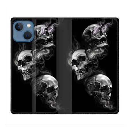 Housse Cuir Portefeuille Pour Iphone 14 (6.1) Tete de Mort Triple