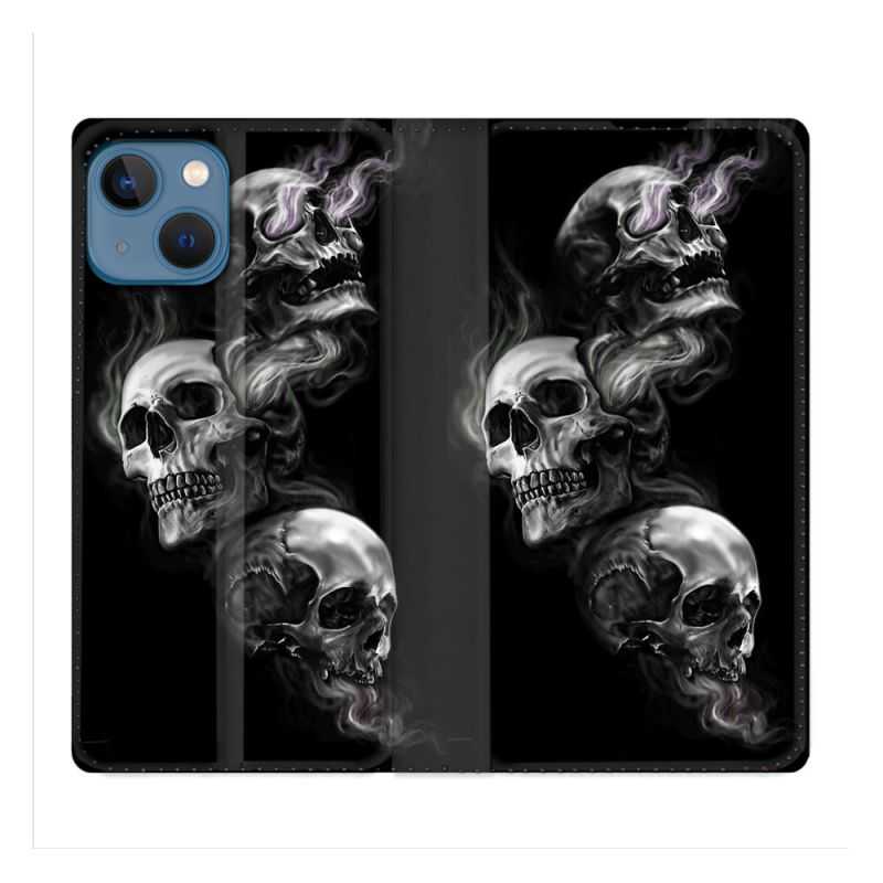 Housse Cuir Portefeuille Pour Iphone 14 (6.1) Tete de Mort Triple
