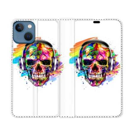 Housse Cuir Portefeuille Pour Iphone 14 (6.1) Tete de Mort Tag