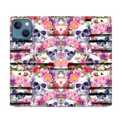 Housse Cuir Portefeuille Pour Iphone 14 (6.1) Tete de Mort Pattern