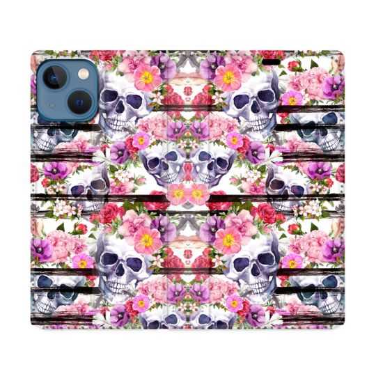 Housse Cuir Portefeuille Pour Iphone 14 (6.1) Tete de Mort Pattern