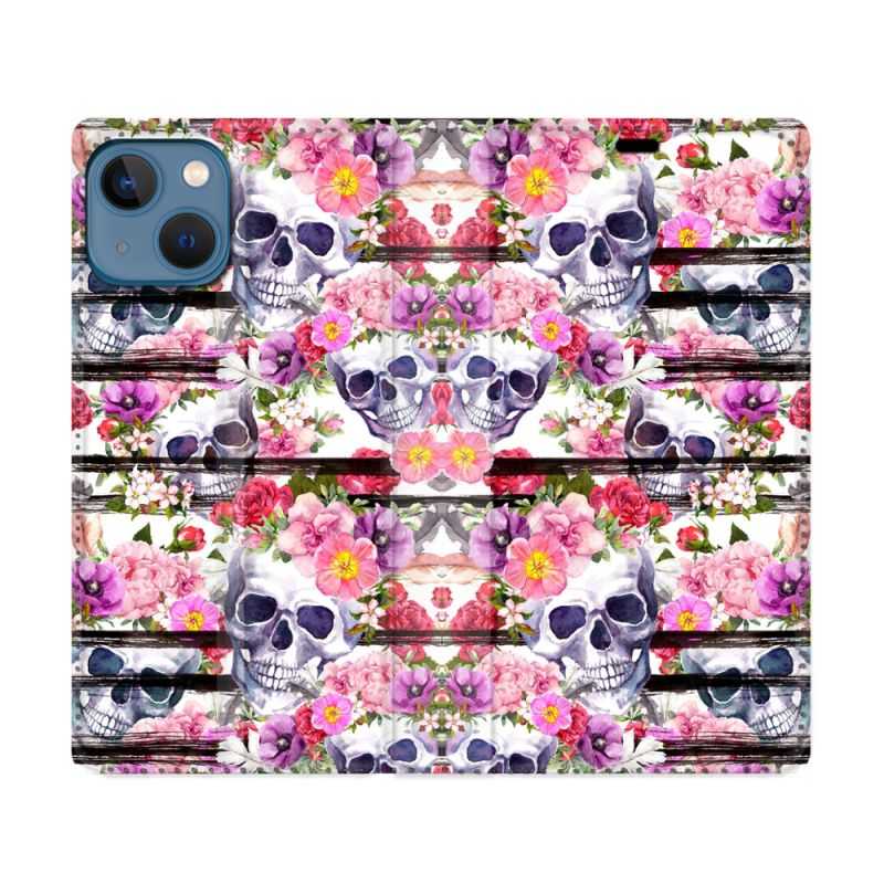 Housse Cuir Portefeuille Pour Iphone 14 (6.1) Tete de Mort Pattern