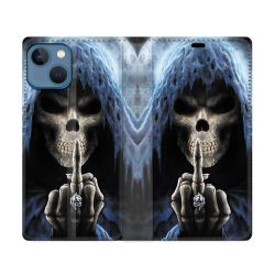 Housse Cuir Portefeuille Pour Iphone 14 (6.1) Tete de Mort Doigt