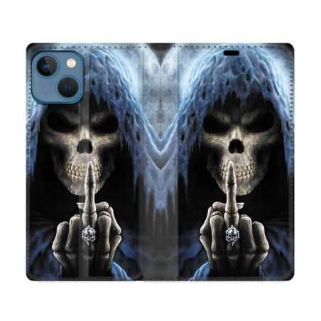 Housse Cuir Portefeuille Pour Iphone 14 (6.1) Tete de Mort Doigt