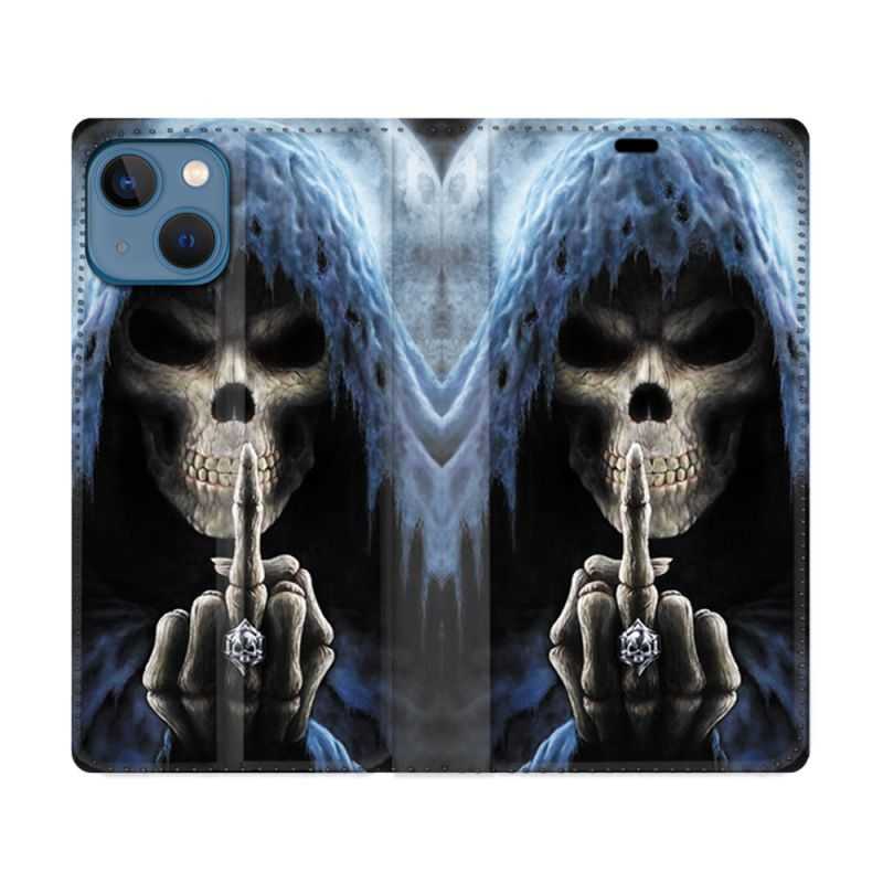 Housse Cuir Portefeuille Pour Iphone 14 (6.1) Tete de Mort Doigt