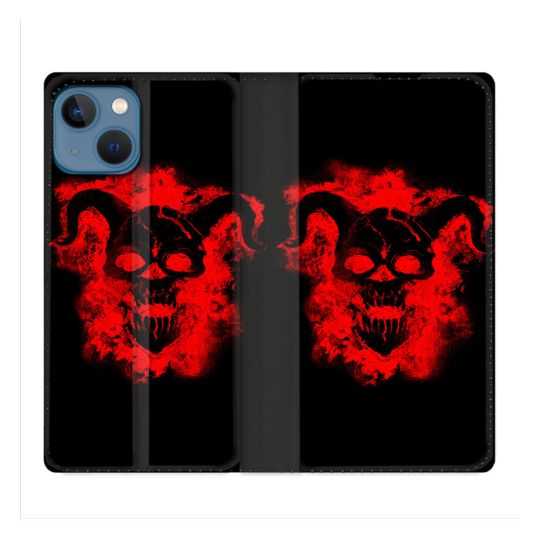 Housse Cuir Portefeuille Pour Iphone 14 (6.1) Tete de Mort Diable