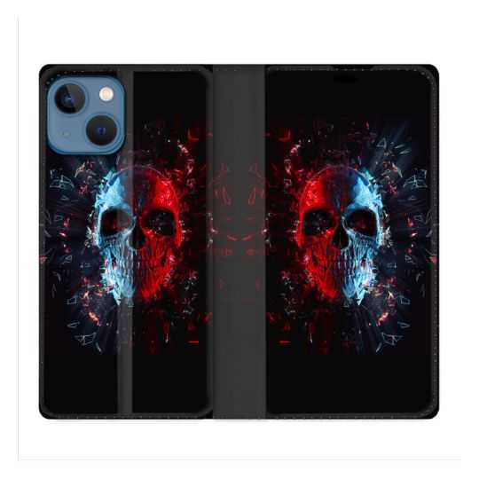 Housse Cuir Portefeuille Pour Iphone 14 (6.1) Tete de Mort Deflagration