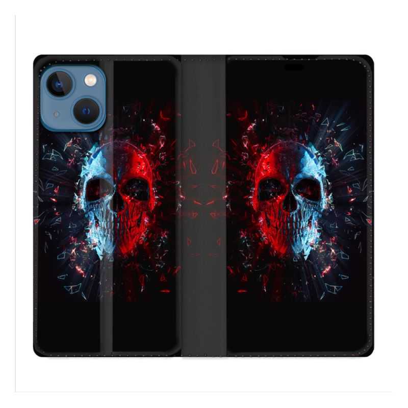 Housse Cuir Portefeuille Pour Iphone 14 (6.1) Tete de Mort Deflagration