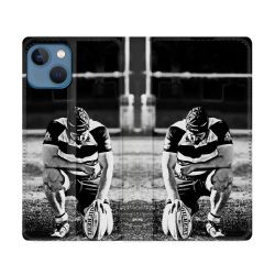 Housse Cuir Portefeuille Pour Iphone 14 (6.1) Sport Rugby Noir Blanc