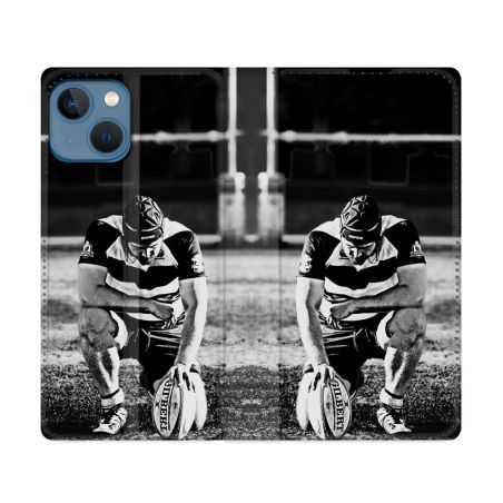 Housse Cuir Portefeuille Pour Iphone 14 (6.1) Sport Rugby Noir Blanc