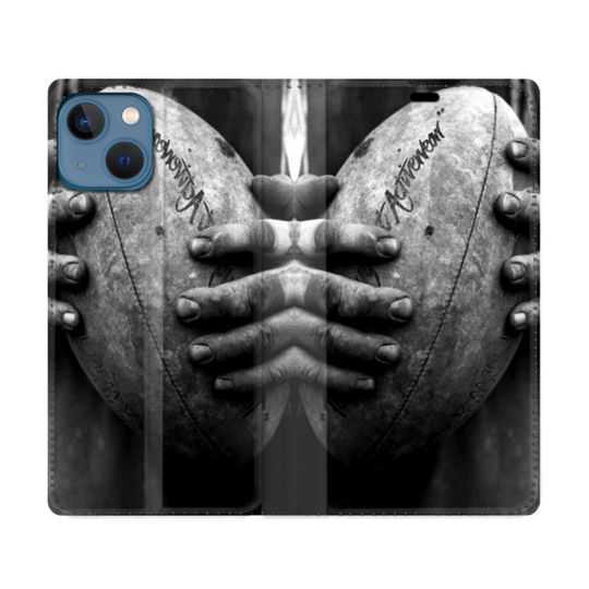 Housse Cuir Portefeuille Pour Iphone 14 (6.1) Sport Rugby Ballon Vintage