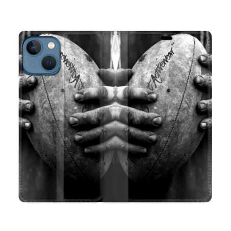 Housse Cuir Portefeuille Pour Iphone 14 (6.1) Sport Rugby Ballon Vintage