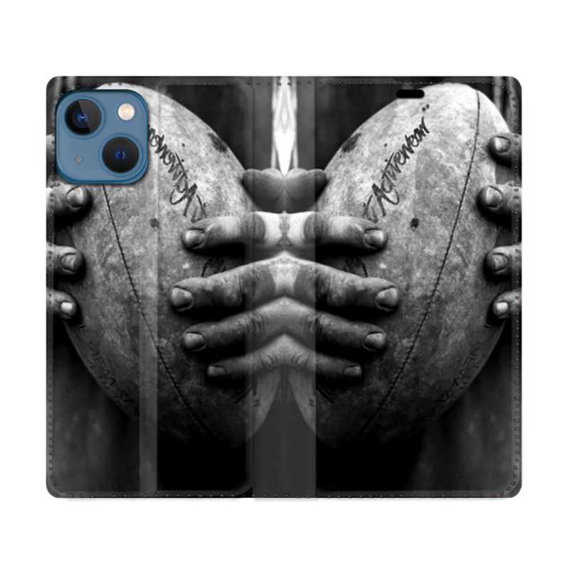 Housse Cuir Portefeuille Pour Iphone 14 (6.1) Sport Rugby Ballon Vintage