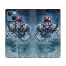 Housse Cuir Portefeuille Pour Iphone 14 (6.1) Sport Hockey Squelette
