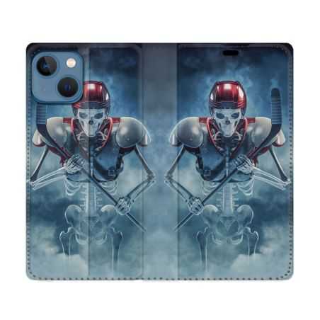 Housse Cuir Portefeuille Pour Iphone 14 (6.1) Sport Hockey Squelette